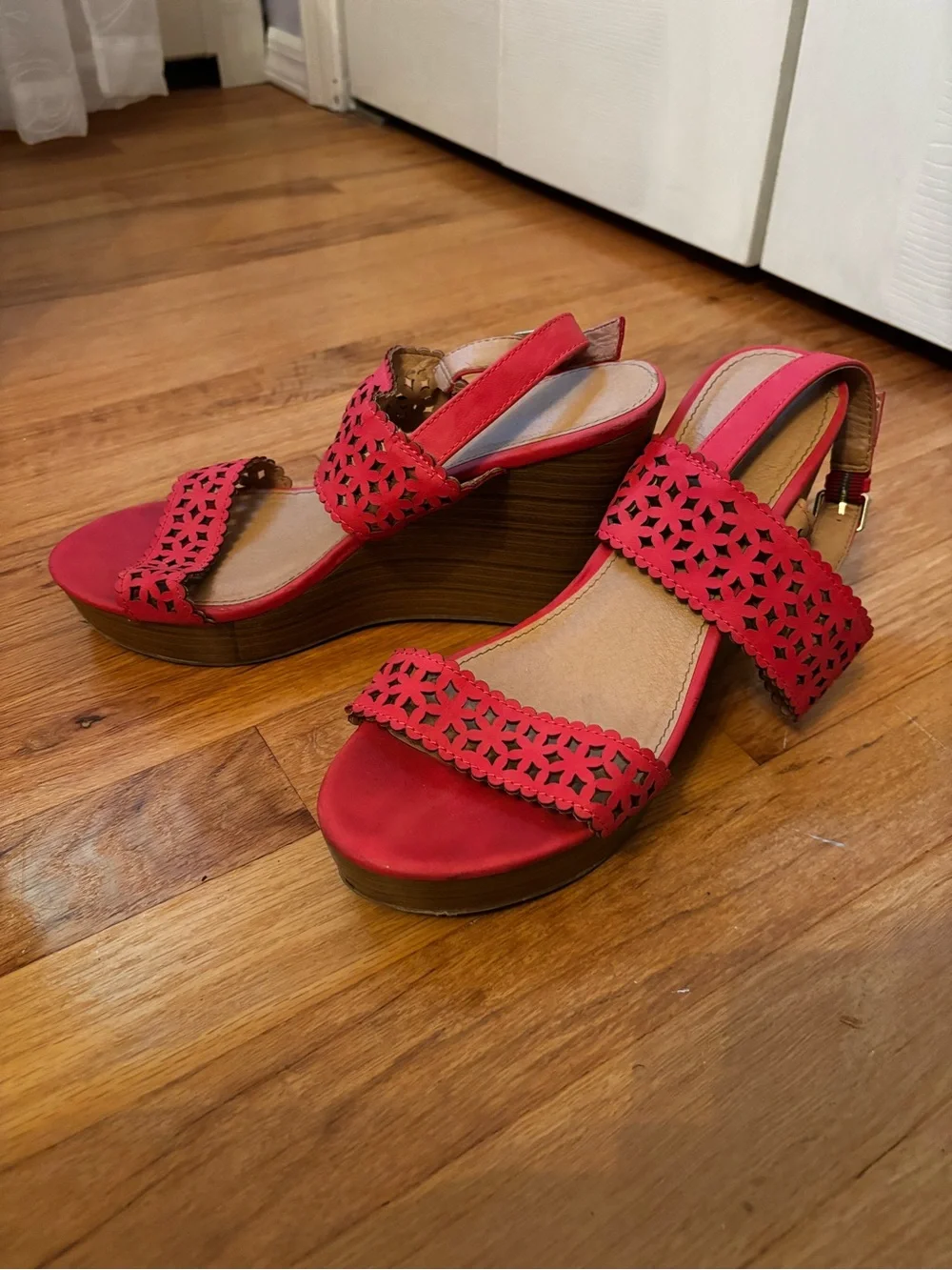 Women's Red Laser-Cut Platform Sandals - Comfort Wedge